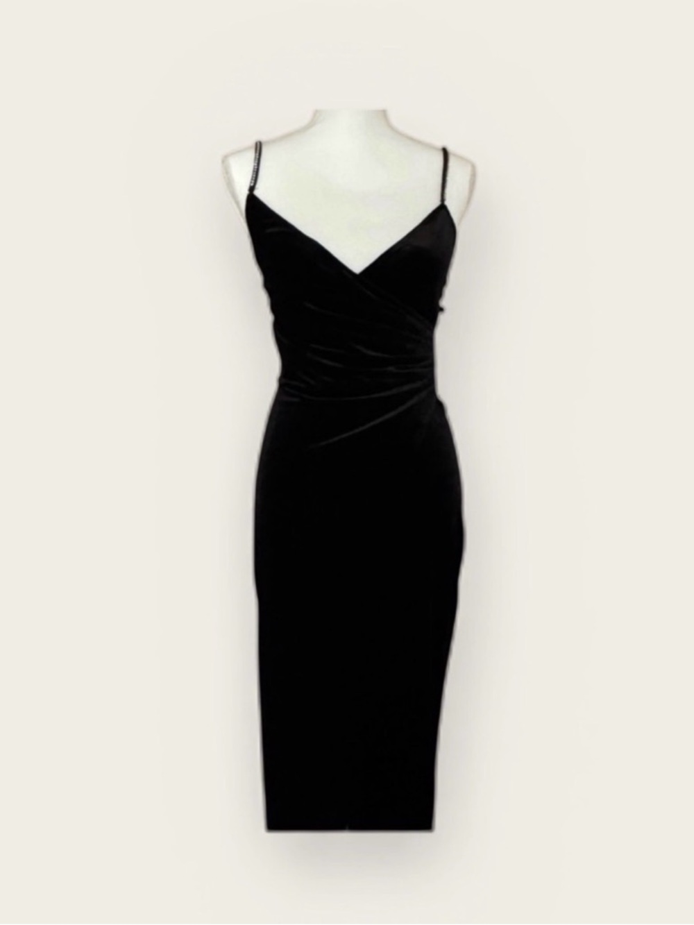 Astr Black Velvet Ruched Rhinestone Straps Midi Dress Size : L - Picture 4 of 7
